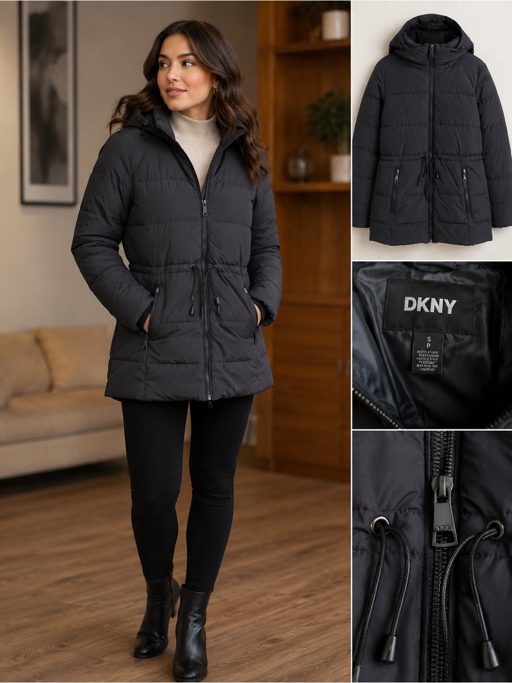 DKNY Black Puffer Jacket with Hood